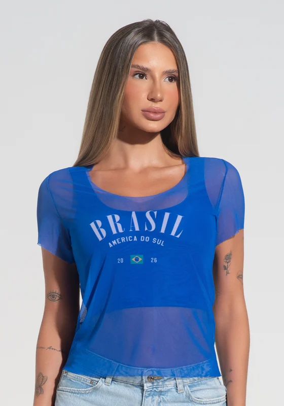 Blusa Baby Look Feminina Tule Alma Latina Dlk Azul ALMA LATINA / P