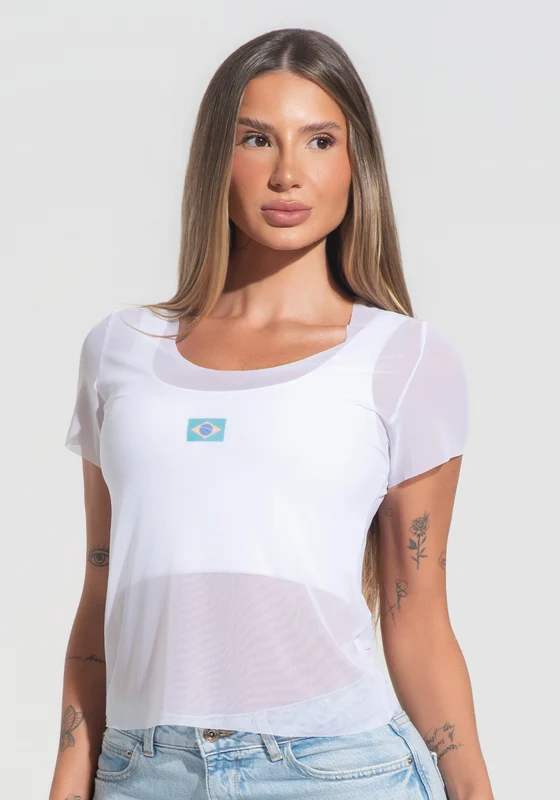 Blusa Baby Look Feminina Tule Nação Brasileira Dlk Branco NAÇÃO BRASILEIRA / G