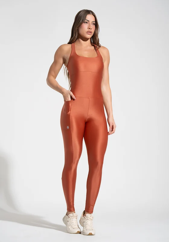 Macacão Fitness Feminino com Bolsos Lume Dlk Terracota LARANJA / G