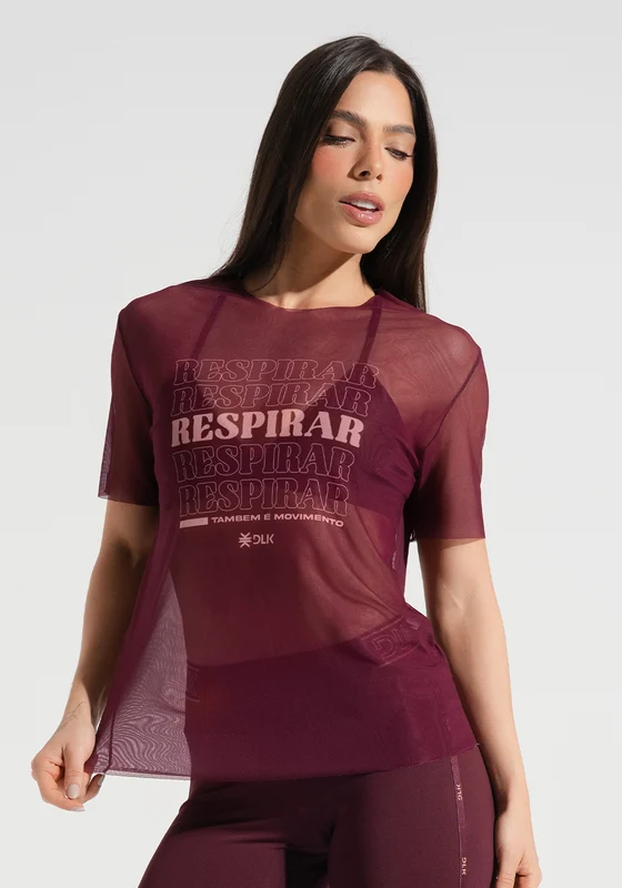 Blusa Fitness Feminina de Tule Estampada Respirar Activity Dlk VINHO / M