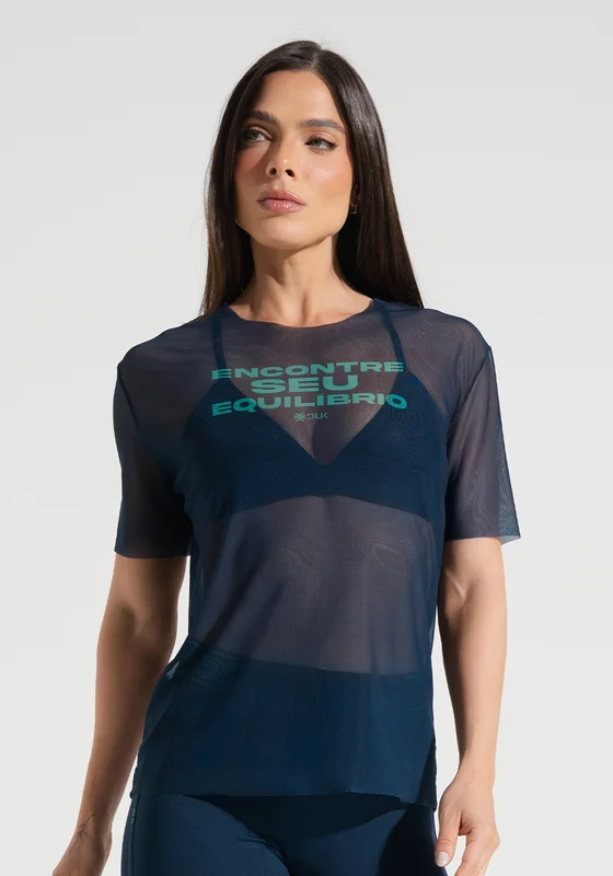 Blusa Fitness Feminina de Tule Estampada Encontre Seu Equilíbrio Activity Dlk AZUL MARINHO / M