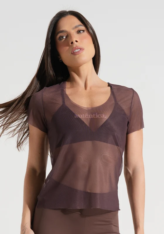 Blusa Baby Look Feminina de Tule Estampada Autêntica Soul Dlk MARROM / P