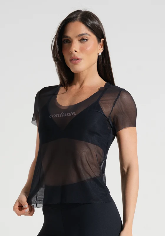 Blusa Baby Look Feminina de Tule Estampada Confiante Soul Dlk PRETO / G