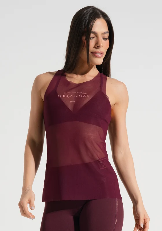 Camiseta Fitness Nadador Alongada de Tule Estampada Força e Leveza Activity Dlk VINHO / P