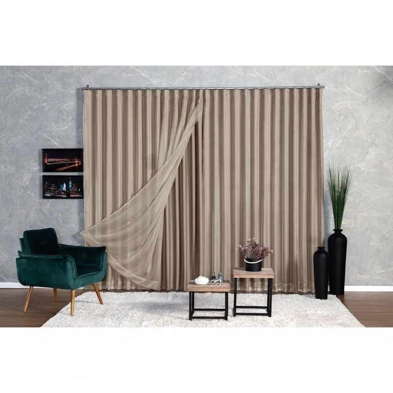 Cortina De Janela Microfibra Com Voil 3,00x2,30m Para Trilho Avelã Ludatex