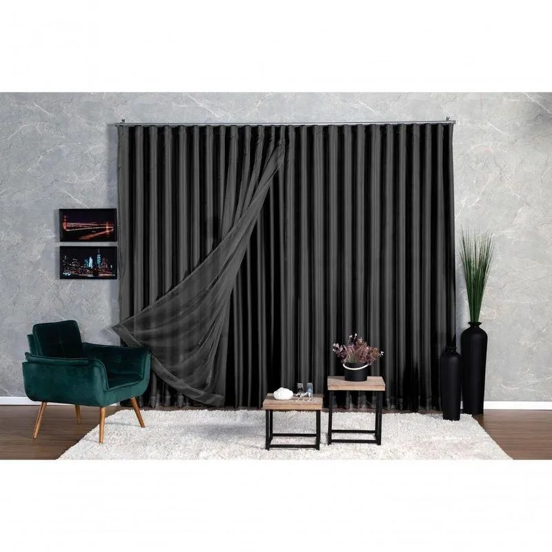 Cortina Microfibra Com Voil 3,00x2,30 Para Trilho Duplo Preto Ludatex