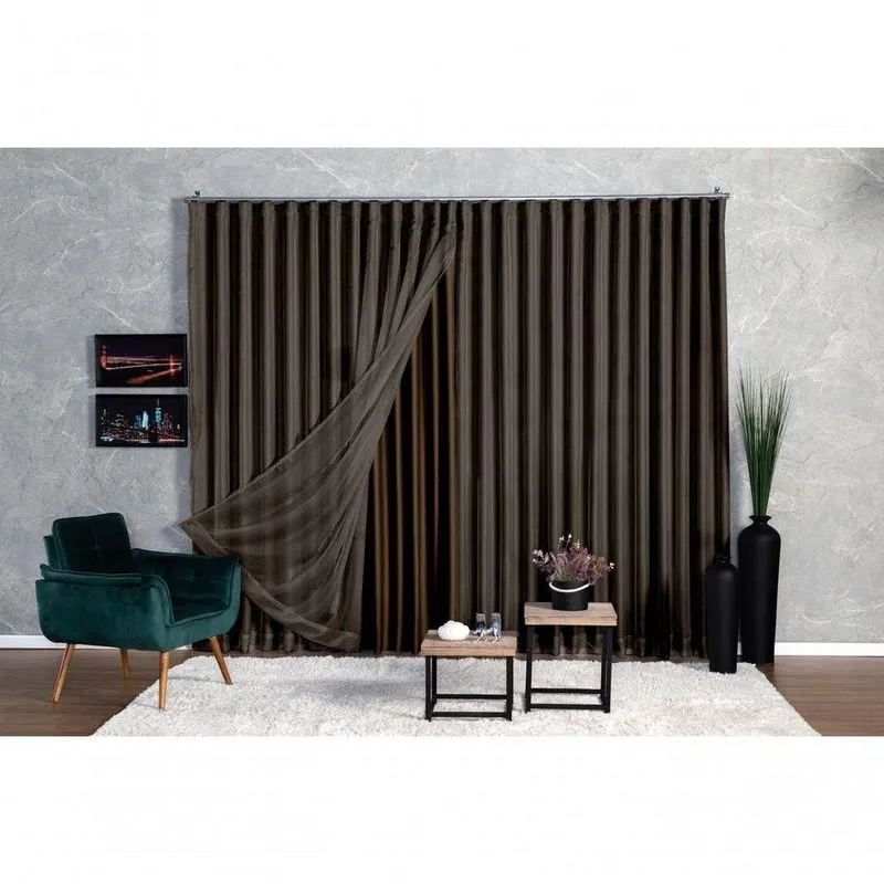 Cortina Microfibra Com Voil Para Trilho Duplo 4,00x2,30m Marrom-escuro Ludatex