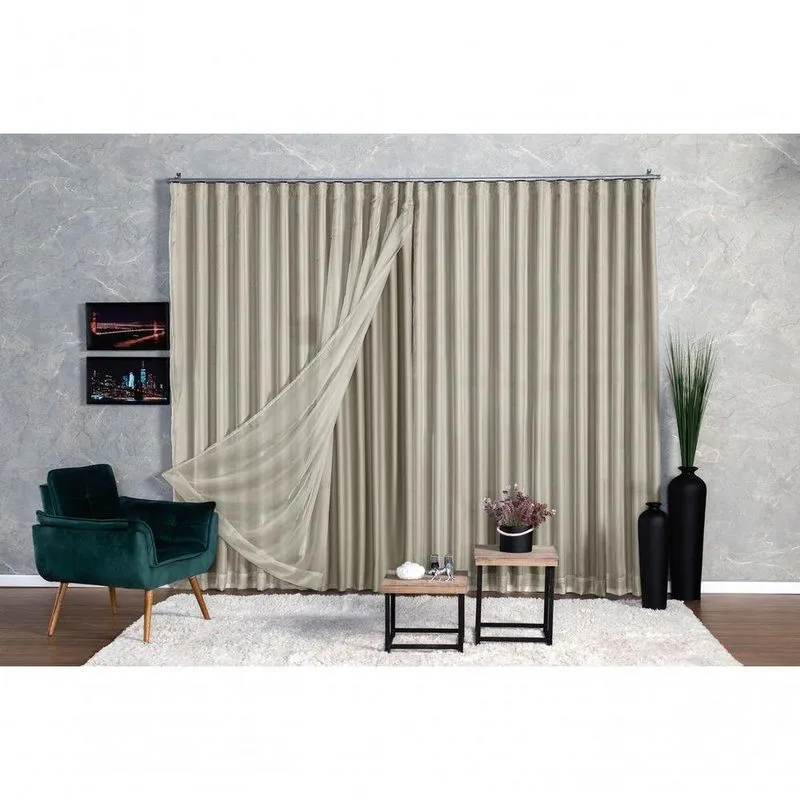 Cortina Blackout Com Voil 2,80x1,80m Para Trilho Suíço Palha Poliéster Ludatex
