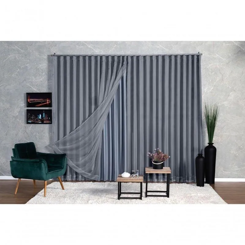 Cortina Blackout Com Voil 3,00x2,30 Para Trilho Suíço Cinza Poliéster Ludatex