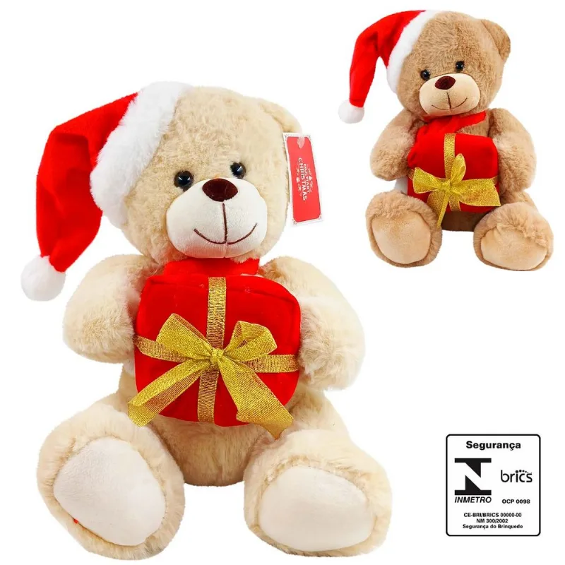 Urso Natalino C/Gorro e Presente 25cm em Poliéster Multiart - LC