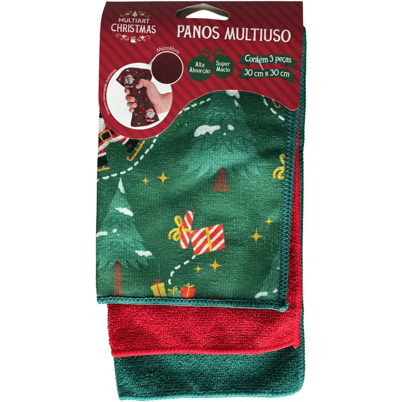 Pano Multiuso De Natal 30x30cm C/ 3 Unidades Multiart