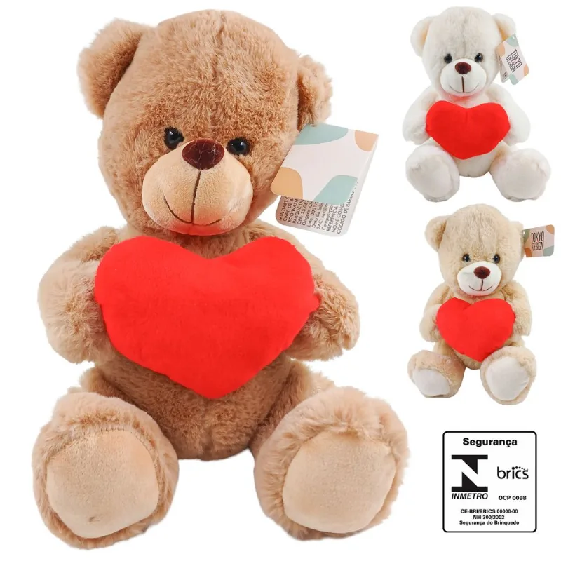 Urso De Pelúcia Coração 24cm em Poliéster Multiart-Sortido