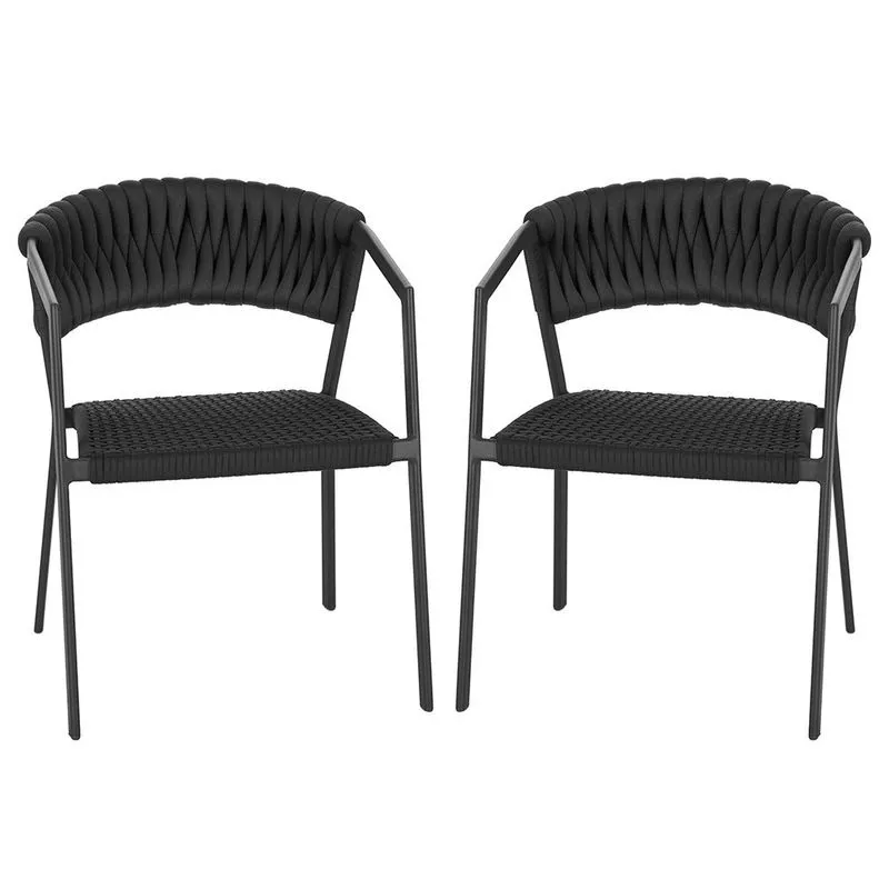 2 Cadeiras Atenas Tricô Náutico e Alumínio com Proteção uv para Varanda, Cozinha, Área, Jardim - Pintura Preta