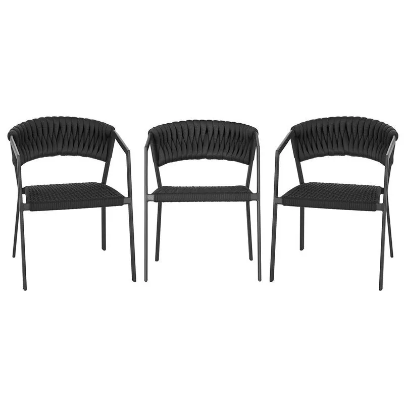 3 Cadeiras Atenas Tricô Náutico e Alumínio com Proteção uv para Varanda, Cozinha, Área, Jardim - Pintura Preto