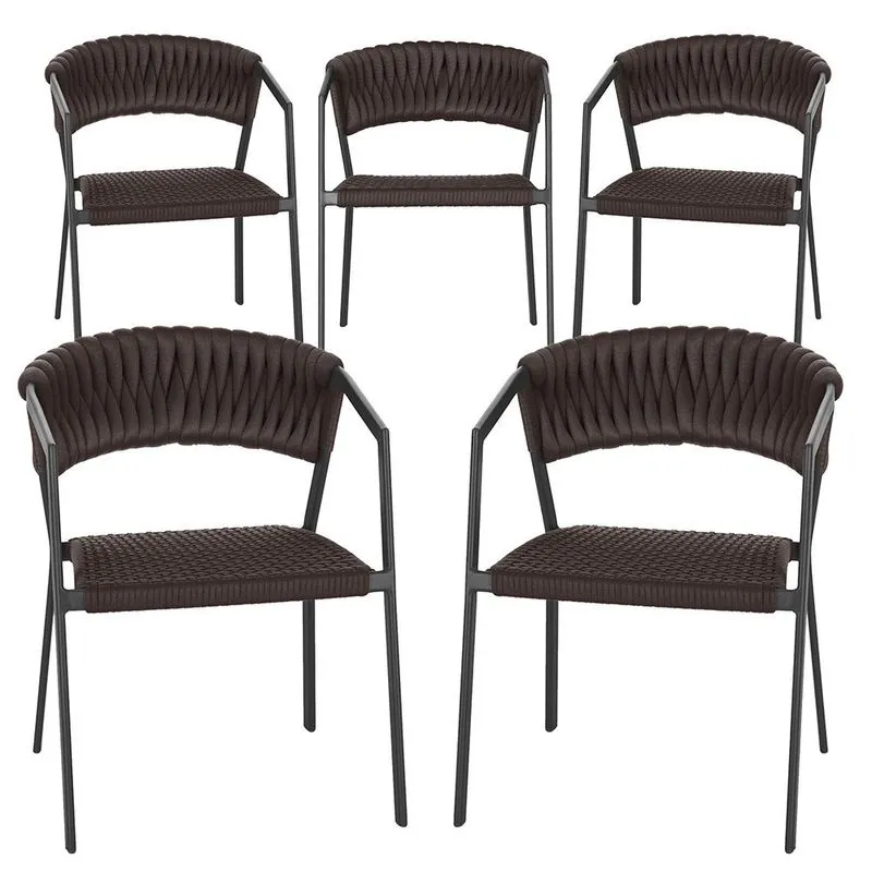 5 Cadeiras Atenas Tricô Náutico e Alumínio com Proteção uv para Varanda, Cozinha, Área, Jardim - Pintura Preto