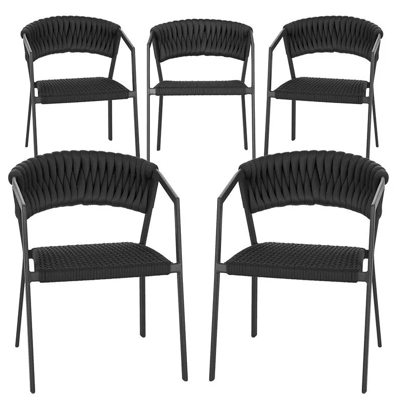 5 Cadeiras Atenas Tricô Náutico e Alumínio com Proteção uv para Varanda, Cozinha, Área, Jardim - Pintura Preto