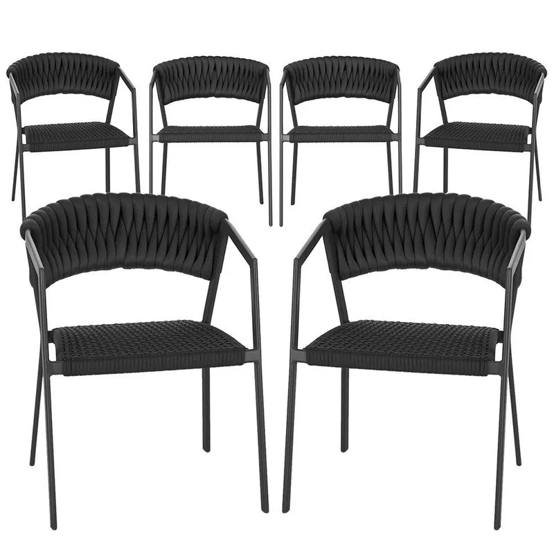 6 Cadeiras Atenas Tricô Náutico e Alumínio com Proteção uv para Varanda, Cozinha, Área, Jardim - Pintura Preto