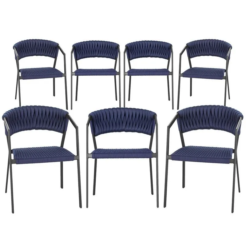 7 Cadeiras Atenas Tricô Náutico e Alumínio com Proteção uv para Varanda, Cozinha, Área, Jardim - Pintura Preta