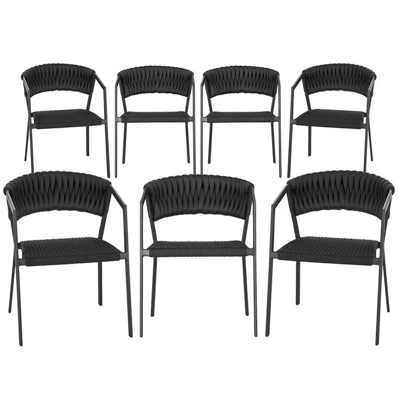 7 Cadeiras Atenas Tricô Náutico e Alumínio com Proteção uv para Varanda, Cozinha, Área, Jardim - Pintura Preta
