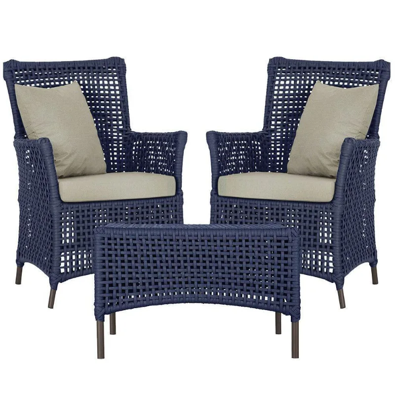 2 Poltronas E 1 Mesa Igapó Alumínio Marrom Corda Náutica E7 Azul