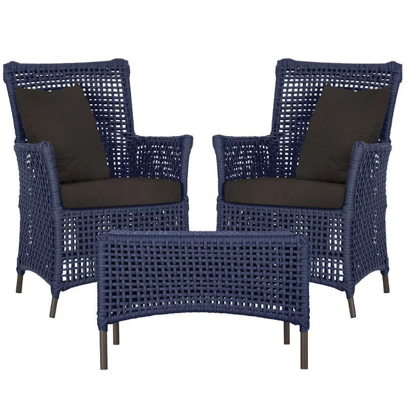2 Poltronas E 1 Mesa Igapó Alumínio Marrom Corda Náutica E9 Azul