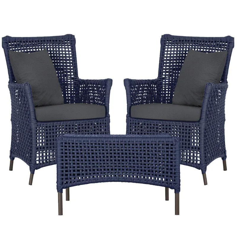 2 Poltronas E 1 Mesa Igapó Alumínio Marrom Corda Náutica E11 Azul