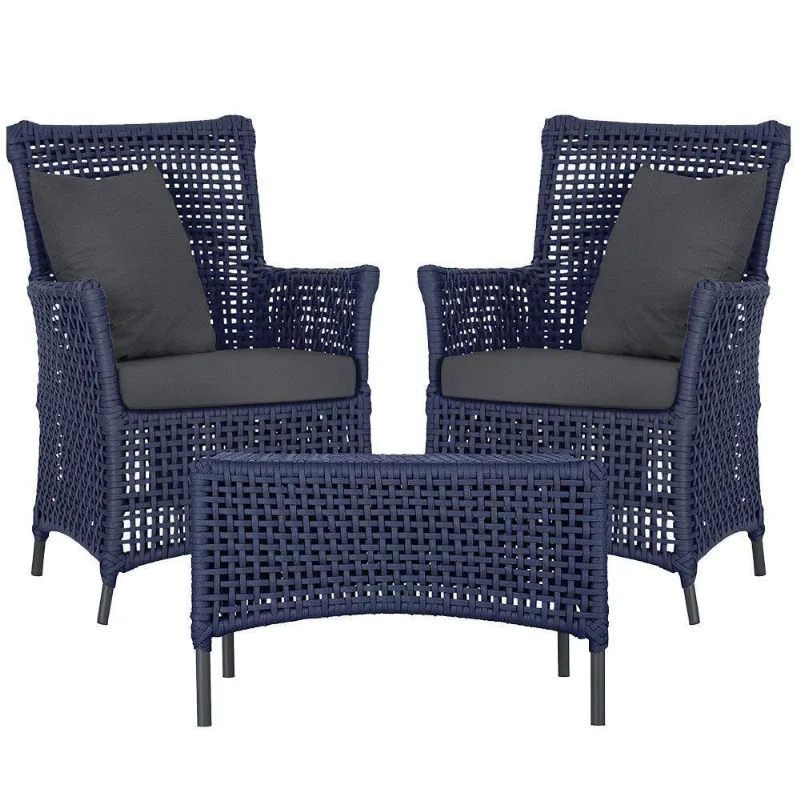 2 Poltronas E 1 Mesa Igapó Alumínio Preta Corda Náutica E11 Azul