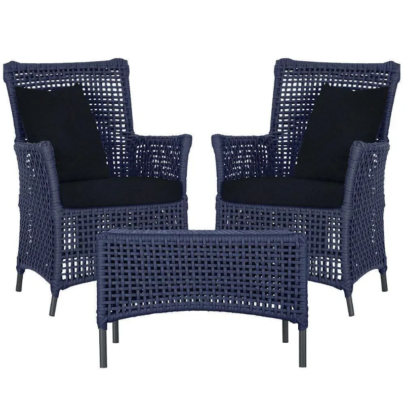 2 Poltronas E 1 Mesa Igapó Alumínio Preta Corda Náutica E12 Azul