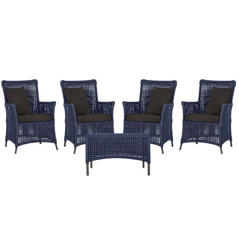 4 Poltronas E 1 Mesa Igapó Alumínio Marrom Corda Náutica E9 Azul