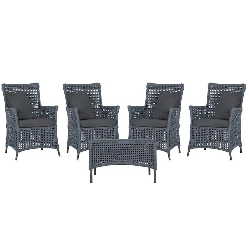 4 Poltronas E 1 Mesa Igapó Alumínio Marrom Corda Náutica E11 Prata