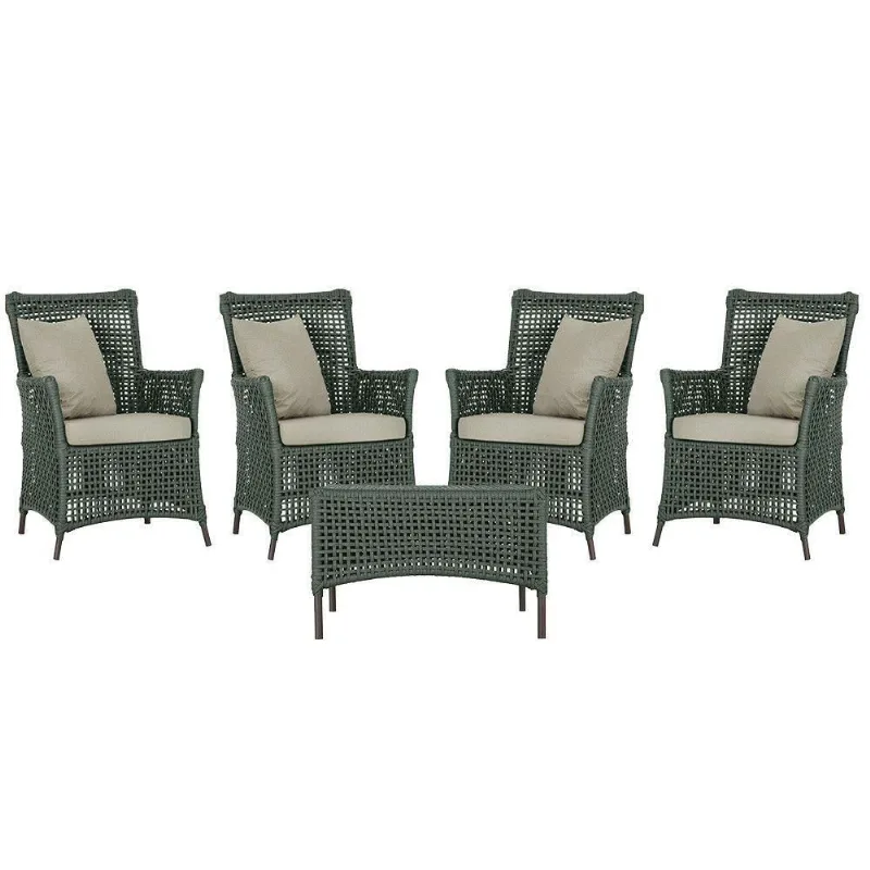 4 Poltronas E 1 Mesa Igapó Alumínio Marrom Corda Náutica E7 Verde