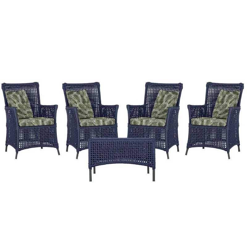 4 Poltronas E 1 Mesa Igapó Alumínio Preta Corda Náutica E5 Azul