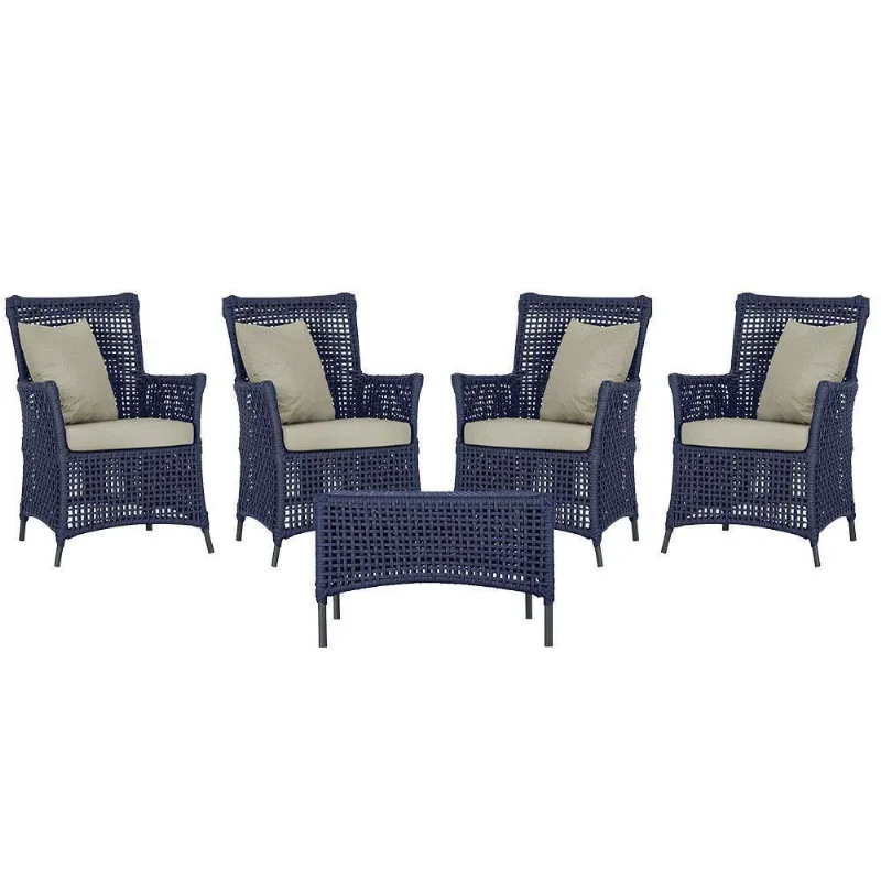 4 Poltronas E 1 Mesa Igapó Alumínio Preta Corda Náutica E7 Azul