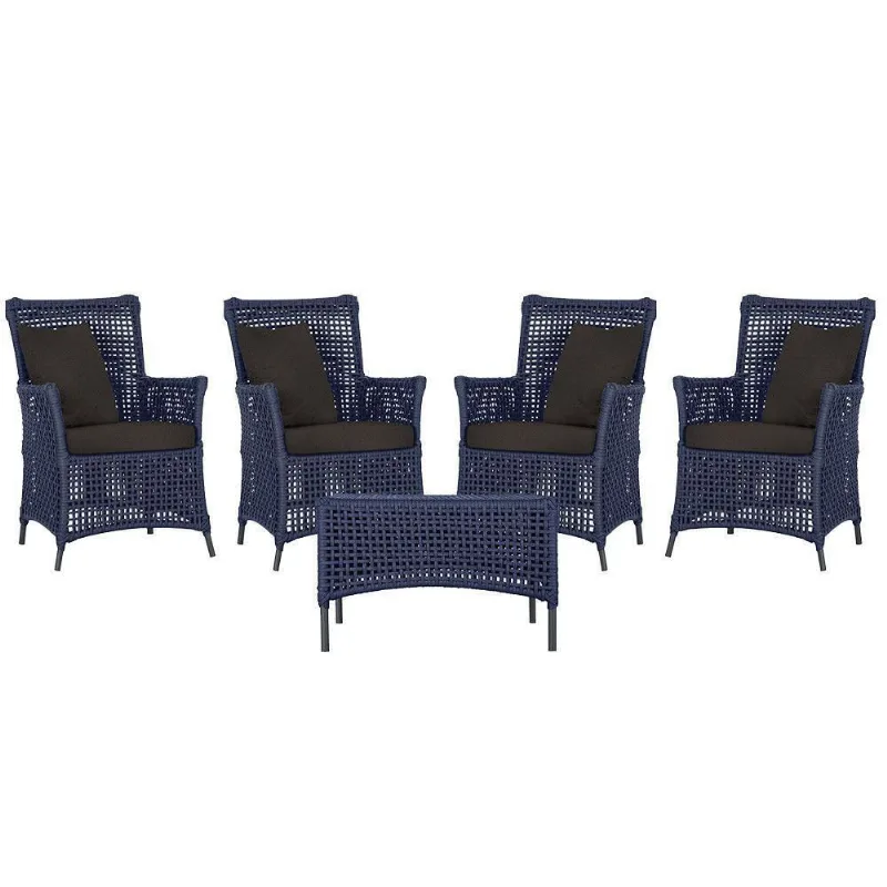 4 Poltronas E 1 Mesa Igapó Alumínio Preta Corda Náutica E9 Azul