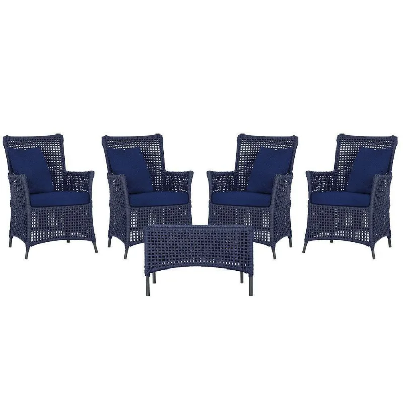 4 Poltronas E 1 Mesa Igapó Alumínio Preta Corda Náutica E10 Azul