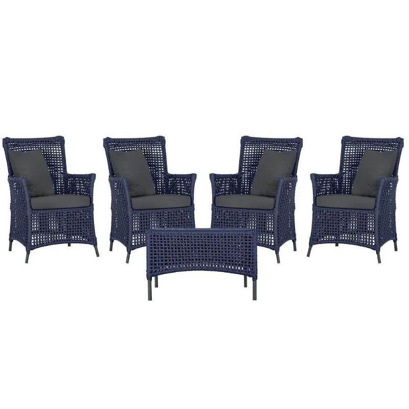 4 Poltronas E 1 Mesa Igapó Alumínio Preta Corda Náutica E11 Azul