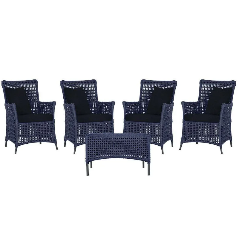 4 Poltronas E 1 Mesa Igapó Alumínio Preta Corda Náutica E12 Azul