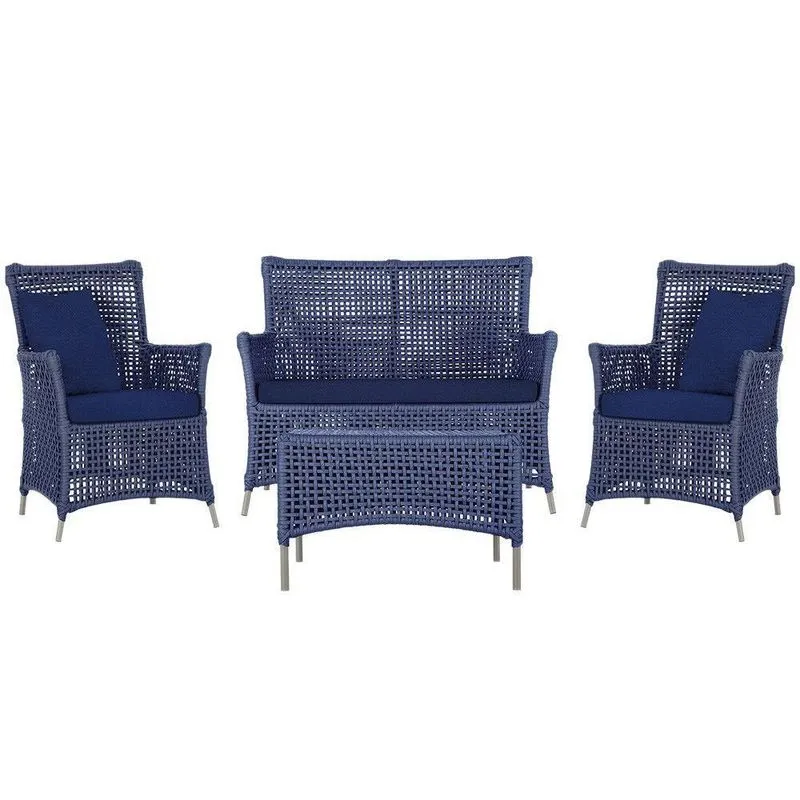 Jogo Sofá 2 Poltronas E Mesa Igapó Fendi E10 Trama Original Azul