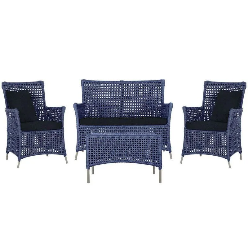 Jogo Sofá 2 Poltronas E Mesa Igapó Fendi E12 Trama Original Azul