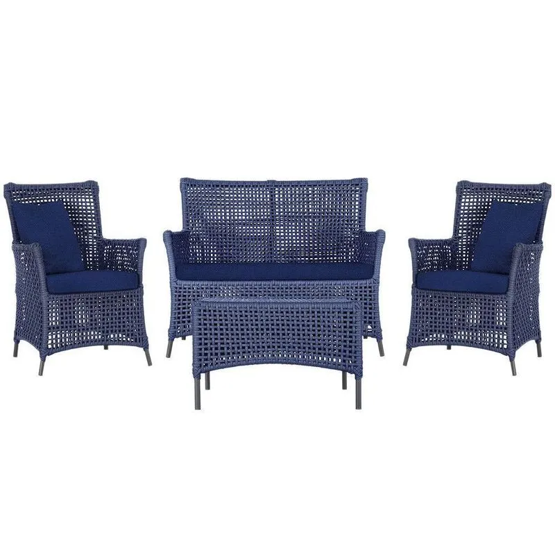 Jogo Sofá 2 Poltronas E Mesa Igapó Preta E10 Trama Original Azul