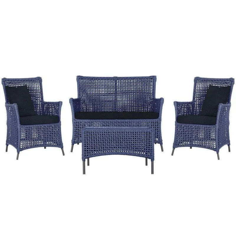 Jogo Sofá 2 Poltronas E Mesa Igapó Preta E12 Trama Original Azul