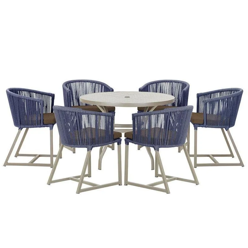 Mesa E 6 Cadeiras De Jantar Noronha Fendi E9 Trama Azul