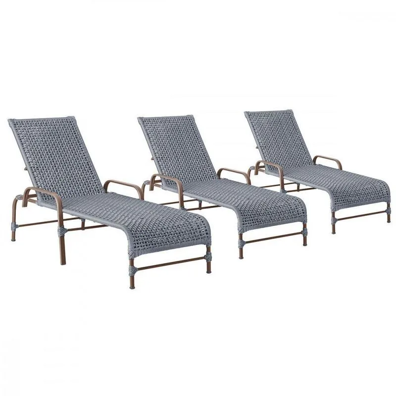 3 Espreguiçadeiras Reclinavel Catar Marrom Corda Nautica Prata
