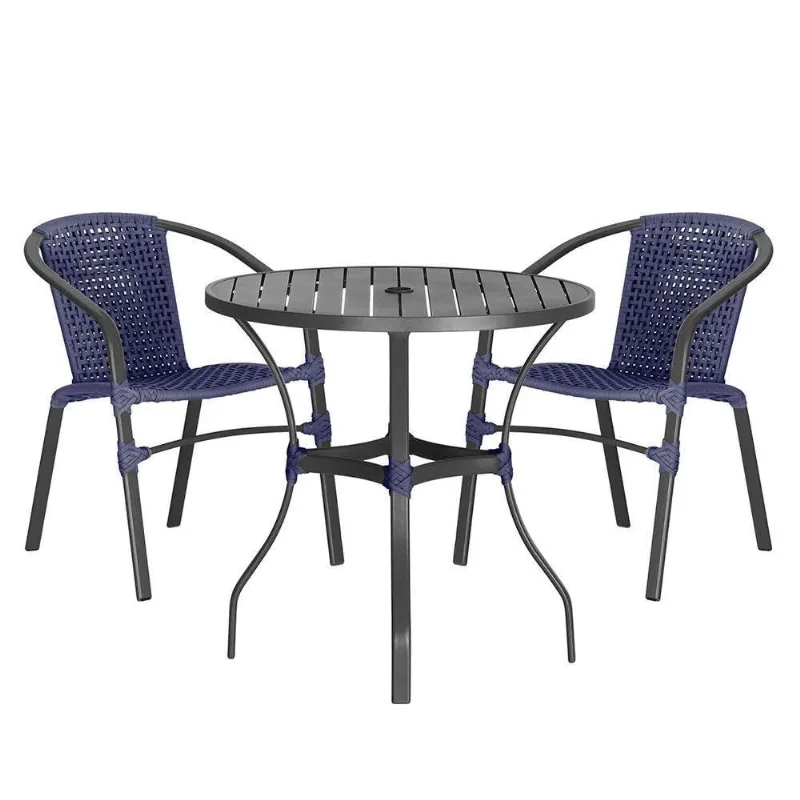 02 Cadeiras Floripa E Mesa Roma 80cm Preta Trama Original Azul