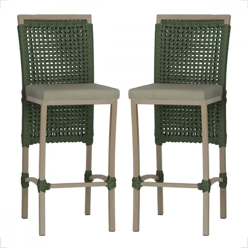 2 Banqueta Em Alumínio Roma Fendi Corda Náutica Tecido 8 Verde