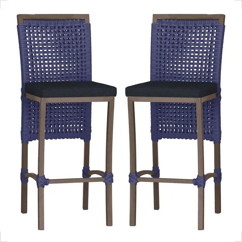 2 Banqueta Em Alumínio Roma Marrom Corda Náutica Tecido 12 Azul