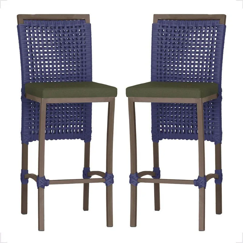 2 Banqueta Em Alumínio Roma Marrom Corda Náutica Tecido 13 Azul