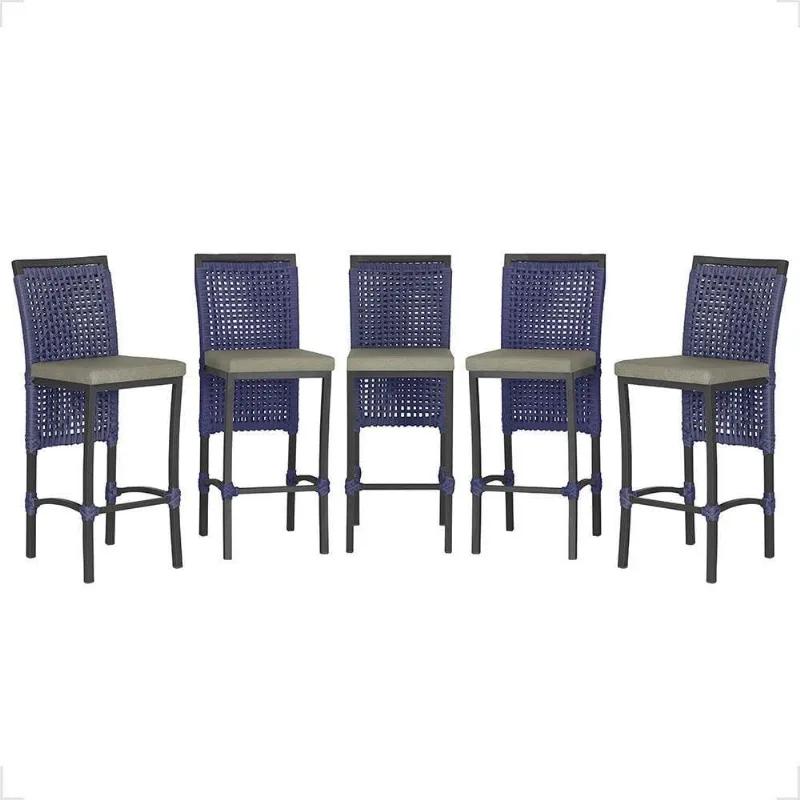 5 Banqueta Em Alumínio Roma Preta Corda Náutica Tecido 8 Azul