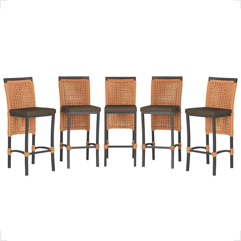 5 Banqueta Em Alumínio Roma Preta Corda Náutica Tecido 9 Terra Cota