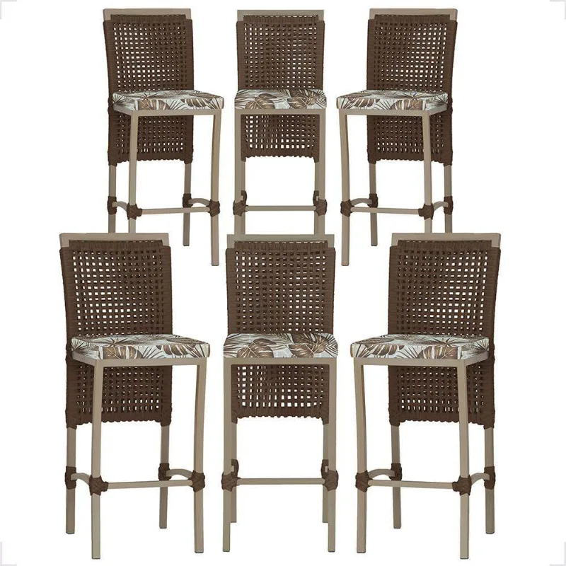 6 Banqueta Em Alumínio Roma Fendi Corda Náutica Tecido 6 Marrom - Trama